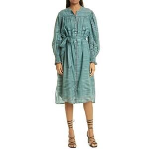 Ulla Johnson Teal Lightweight Peasant Prairie Fiora‎ Striped Midi Dress Size 8
